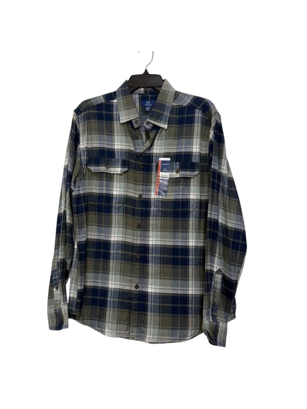 George Mens Medium Plaid Button-Down Flannel Shirt Super Soft Blue & Green